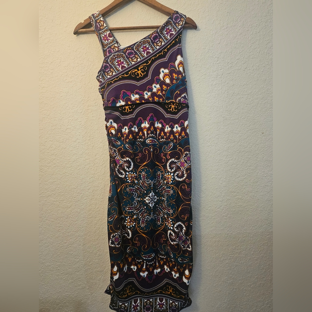 Nicole Miller Art Nouveau‎ Paisley Ruched Sheath Dress Womens 8 Eggplant Teal